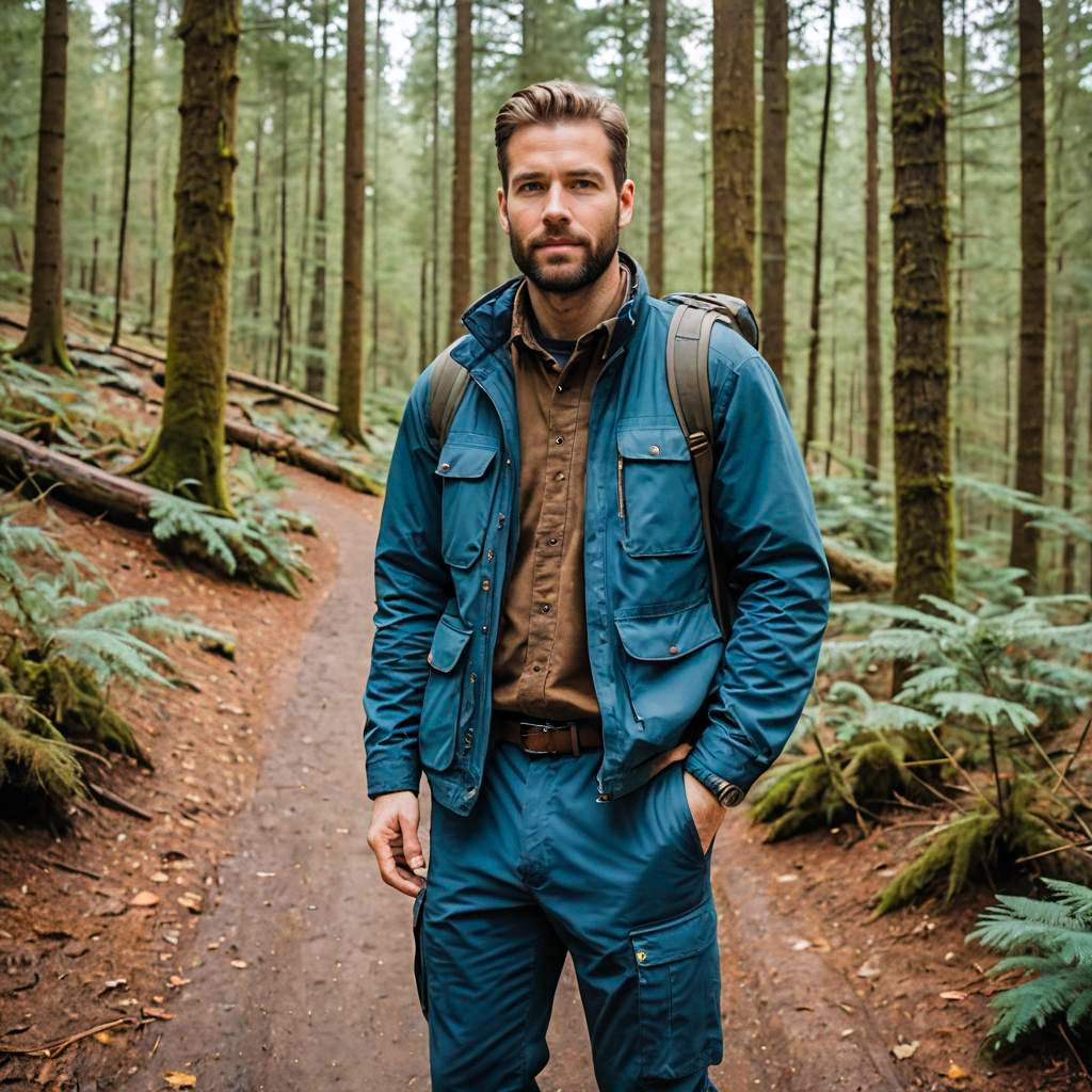 Man Hiking on Forest Trail Wearing Blue Outdoor Jacket and Cargo Pants