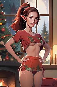 Festive Elf Woman in Red Holiday Outfit by Fireplace Digital Art