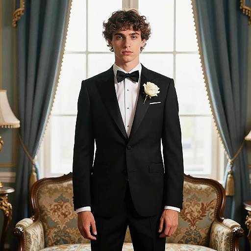 Young Man in Classic Black Tuxedo with White Rose Boutonniere