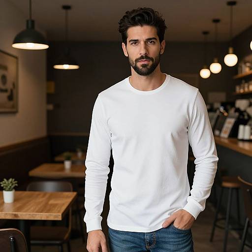 Man Wearing White Long Sleeve Shirt in Modern Cafe Setting