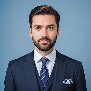 Confident Man in Navy Suit Against Blue Background