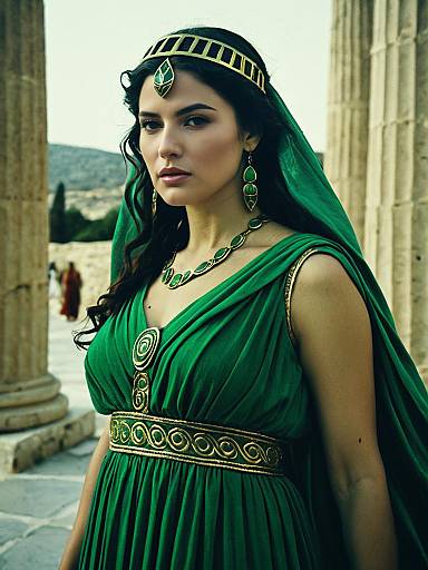 Woman in Green Greek Goddess Costume with Cinematic Realism and Dramatic Edit