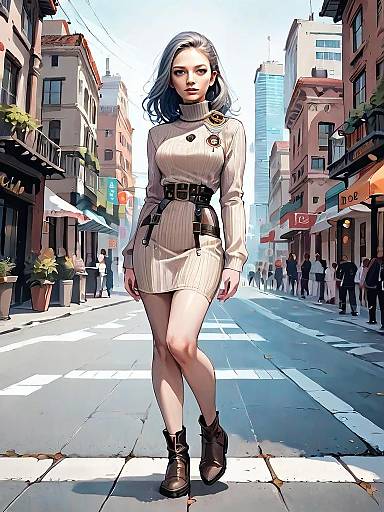 Stylish Woman Walking in Urban Street Realistic Comic Artwork