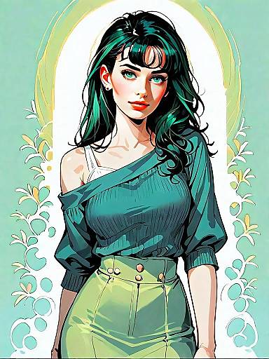 Elegant Woman Digital Art Illustration with Teal Hair and Modern Outfit