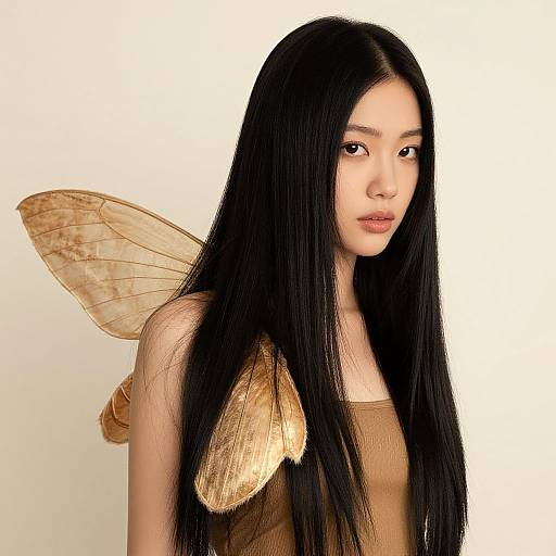 Young Woman with Fairy Wings and Long Black Hair