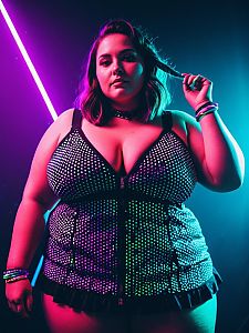 Plus-Size Woman in EDM Festival Outfit Photorealistic Studio Portrait
