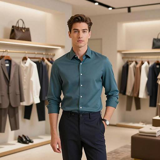 Stylish Young Man in Modern Boutique Wearing Teal Shirt and Dark Pants