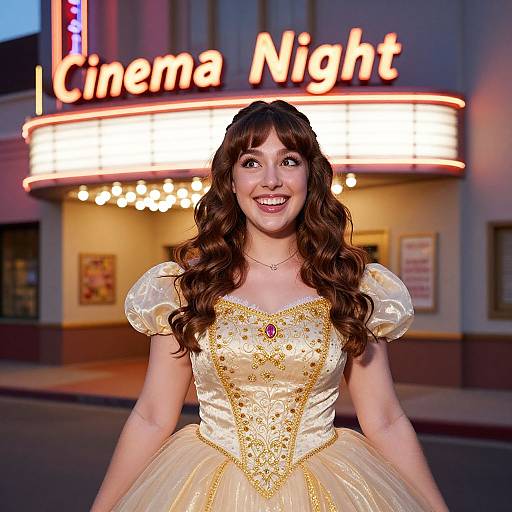 Young Woman in Princess Dress at Cinema Night
