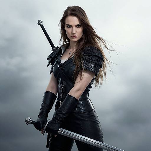Fierce Woman Warrior in Black Leather Armor with Sword