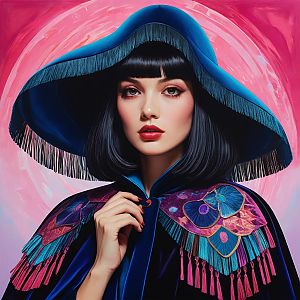 Elegant Woman in Blue Hat and Cape with Butterfly Motifs