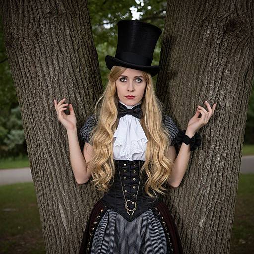Victorian Steampunk Woman in Black Top Hat and Corset Dress Outdoors