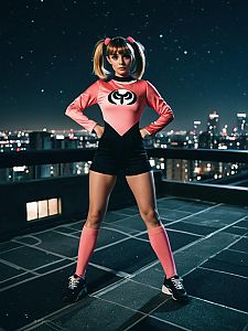 Confident Woman in Pink Costume on Rooftop at Night