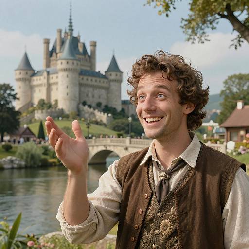 Happy Man in Vintage Outfit by Medieval Castle with Scenic River