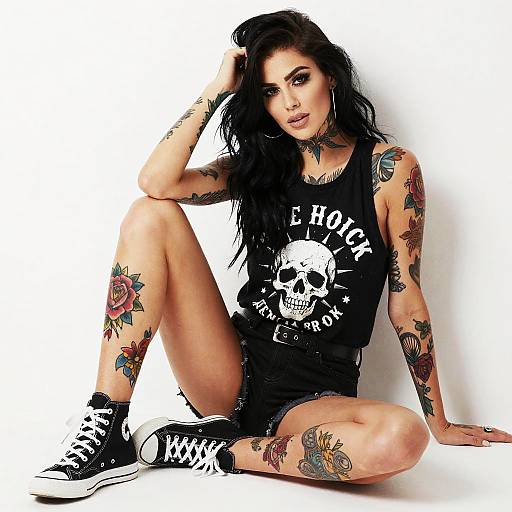 Tattooed Woman in Black Skull Print Tank Top and Sneakers Sitting on White Background