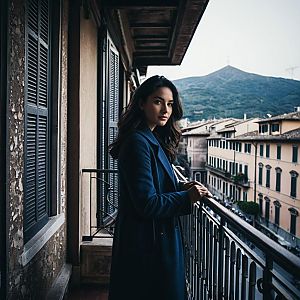 Woman on Balcony Overlooking Italian Street with Mountain View
