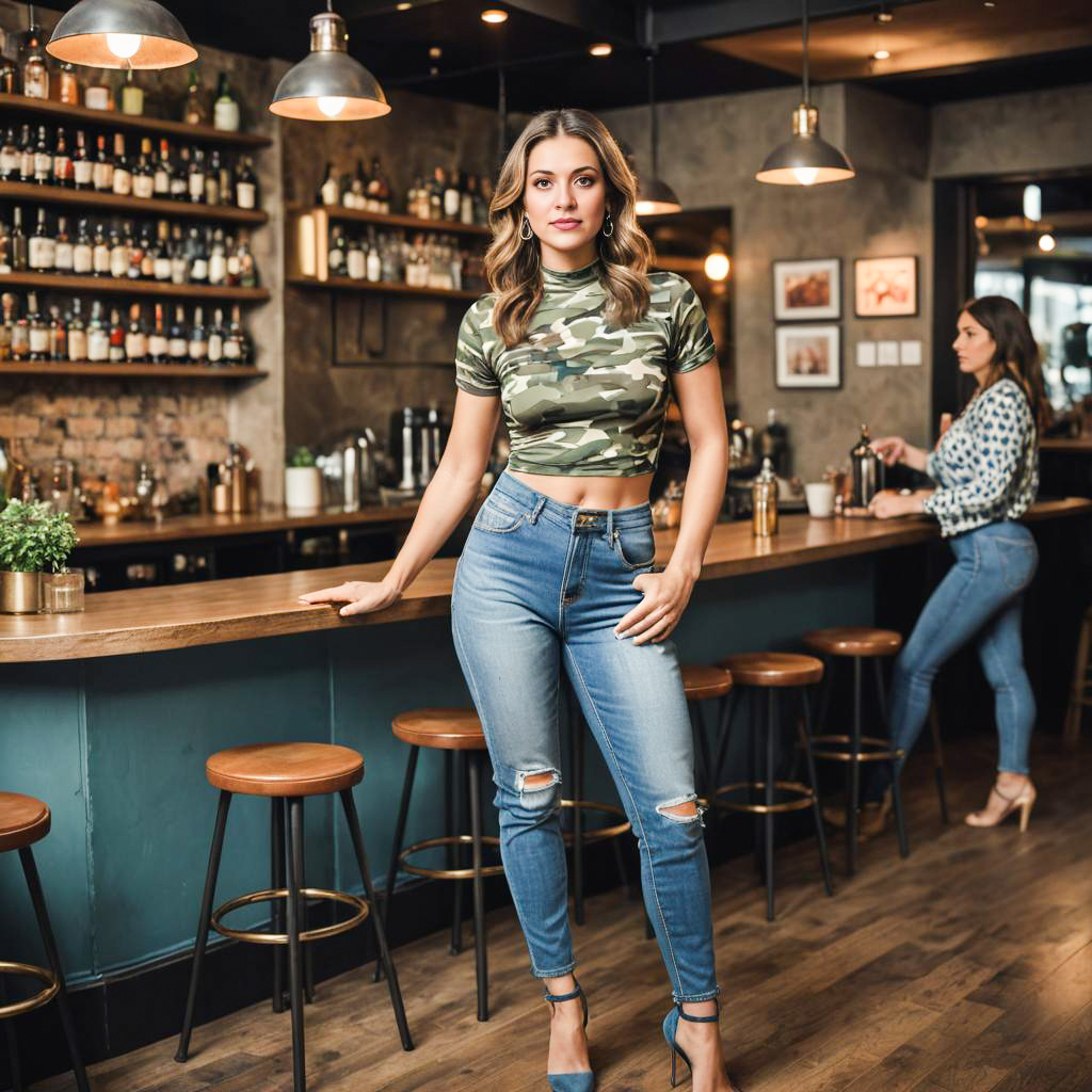 Stylish Woman at Chic Bar in Camouflage Top