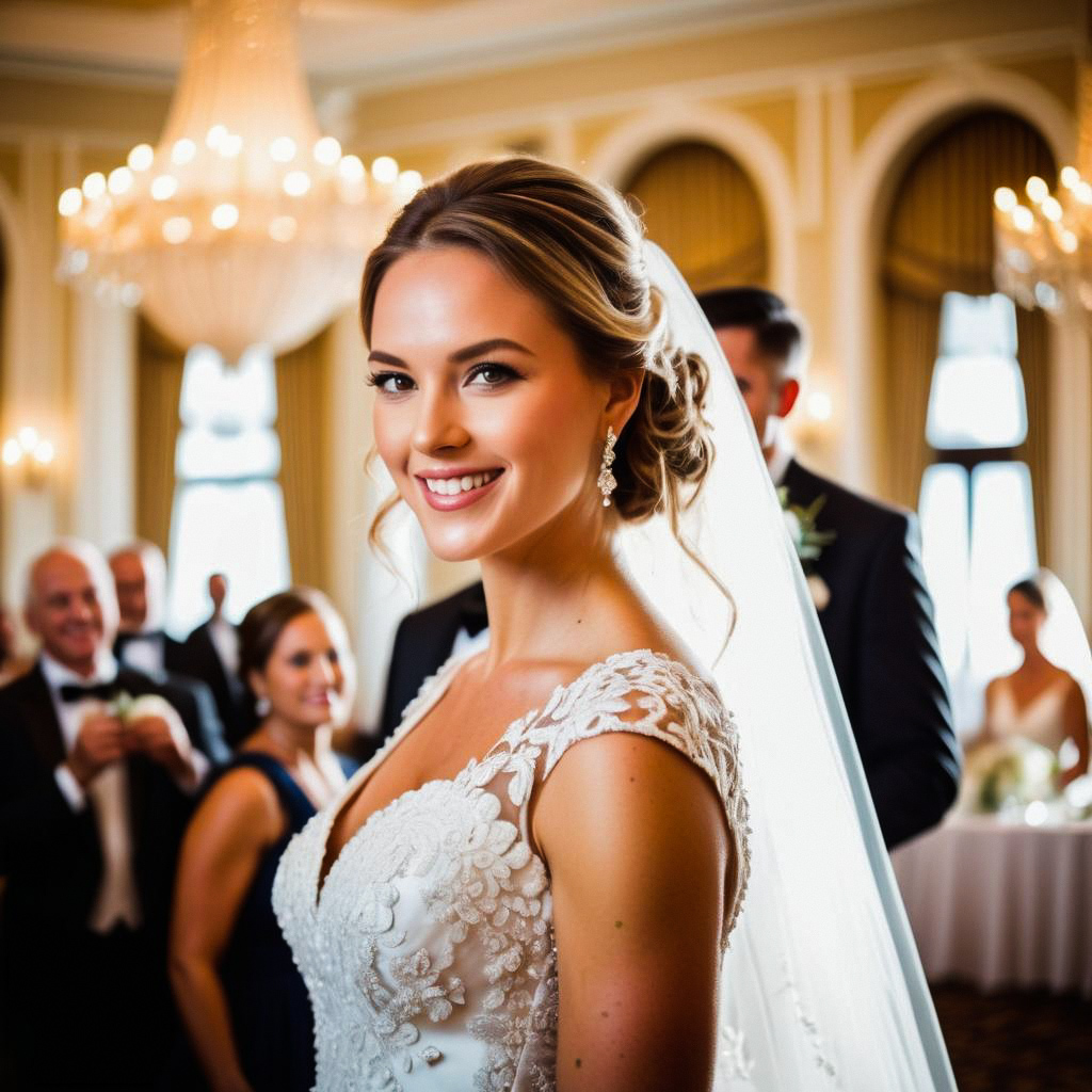Radiant Bride in Elegant Lace Gown at Wedding Reception