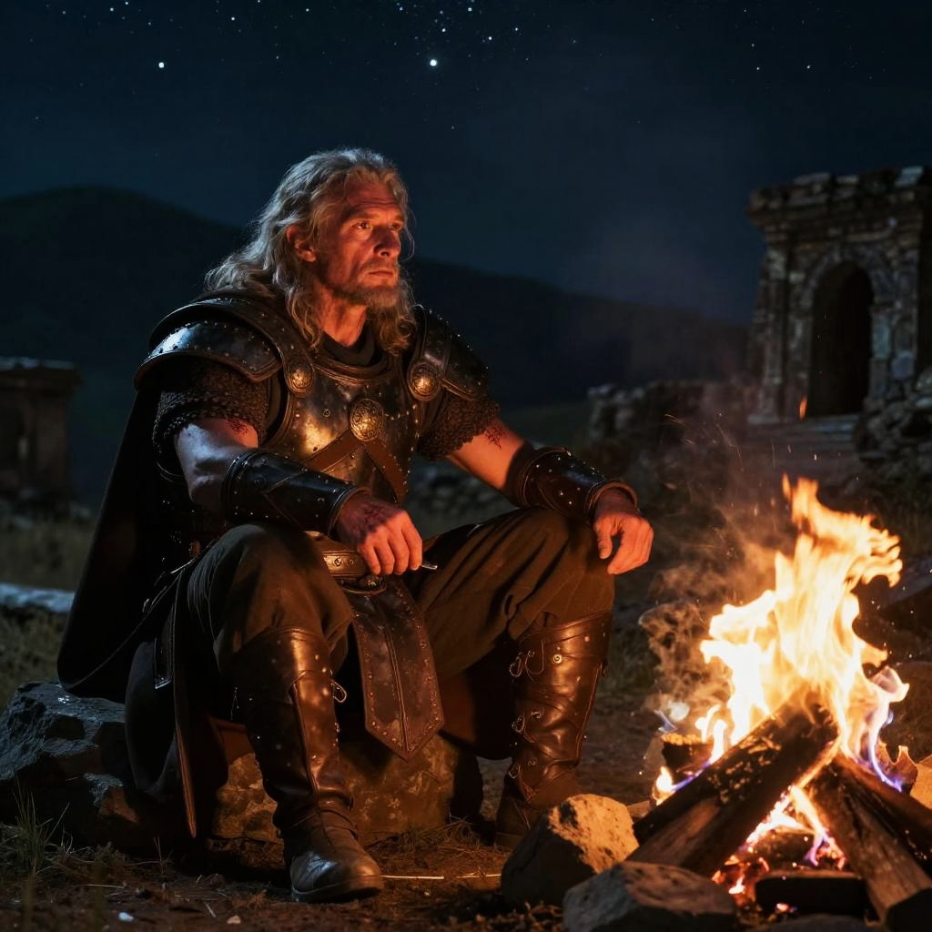 Medieval Warrior Man Sitting by Campfire at Night Among Ruins