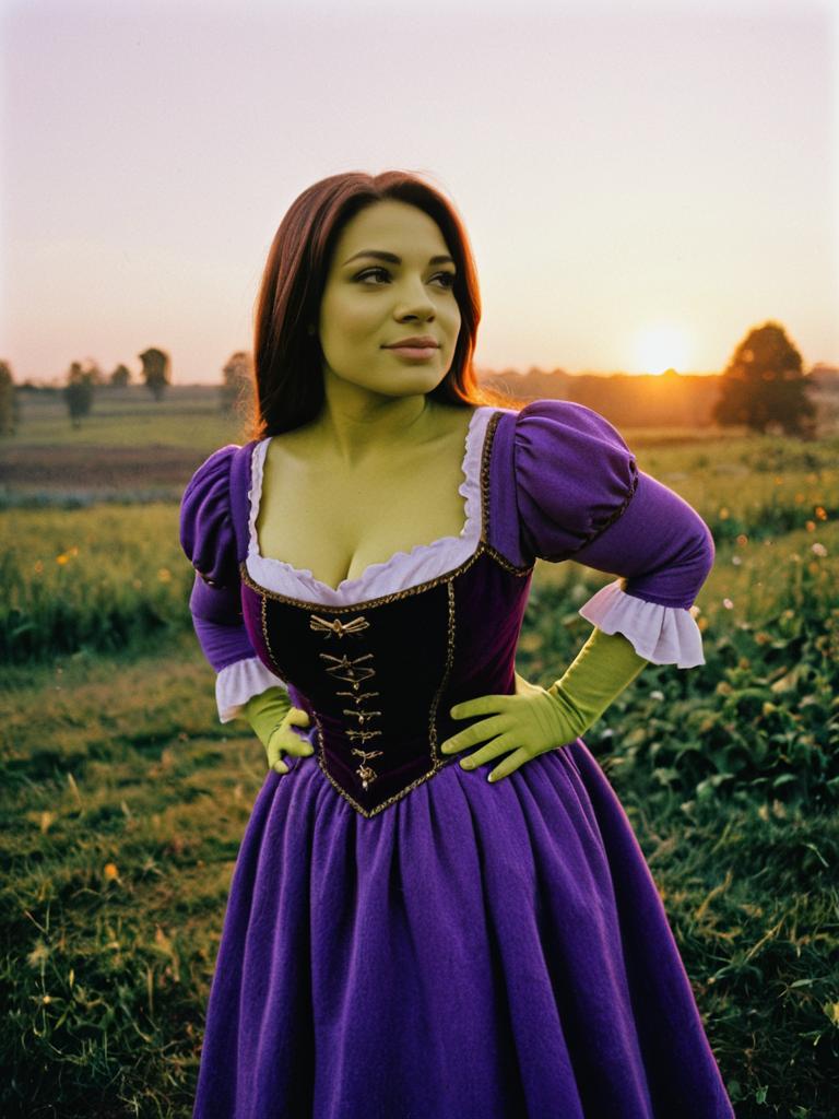 Photorealistic Woman in Purple Dress Shrek Costume Outdoor Portrait