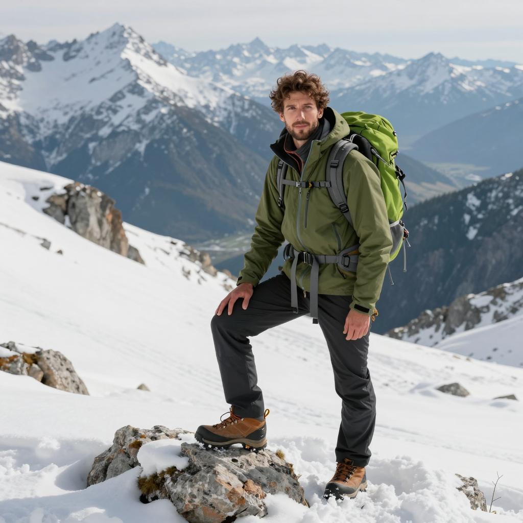 Man Hiking in Snowy Mountains with Backpack and Outdoor Gear