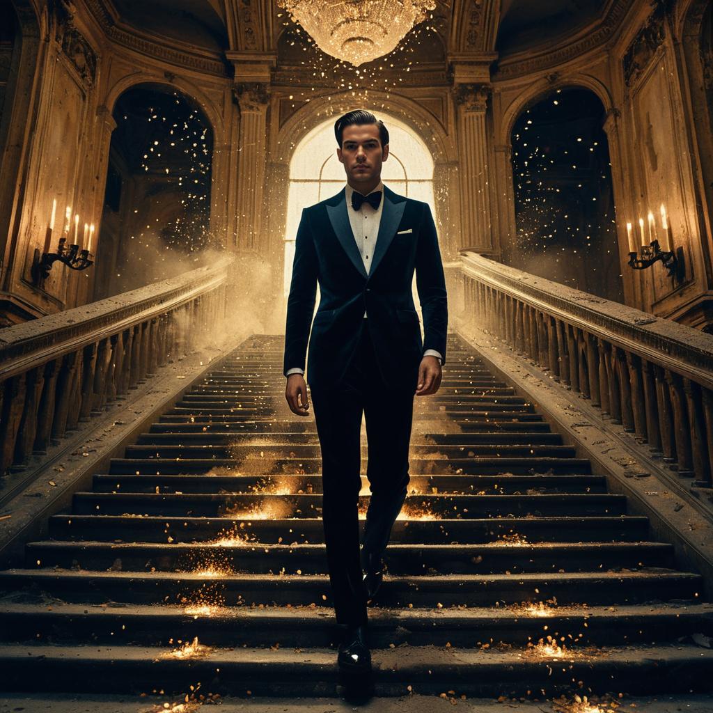 Man in Black Tuxedo Descending Grand Staircase with Golden Sparkles in Vintage Mansion