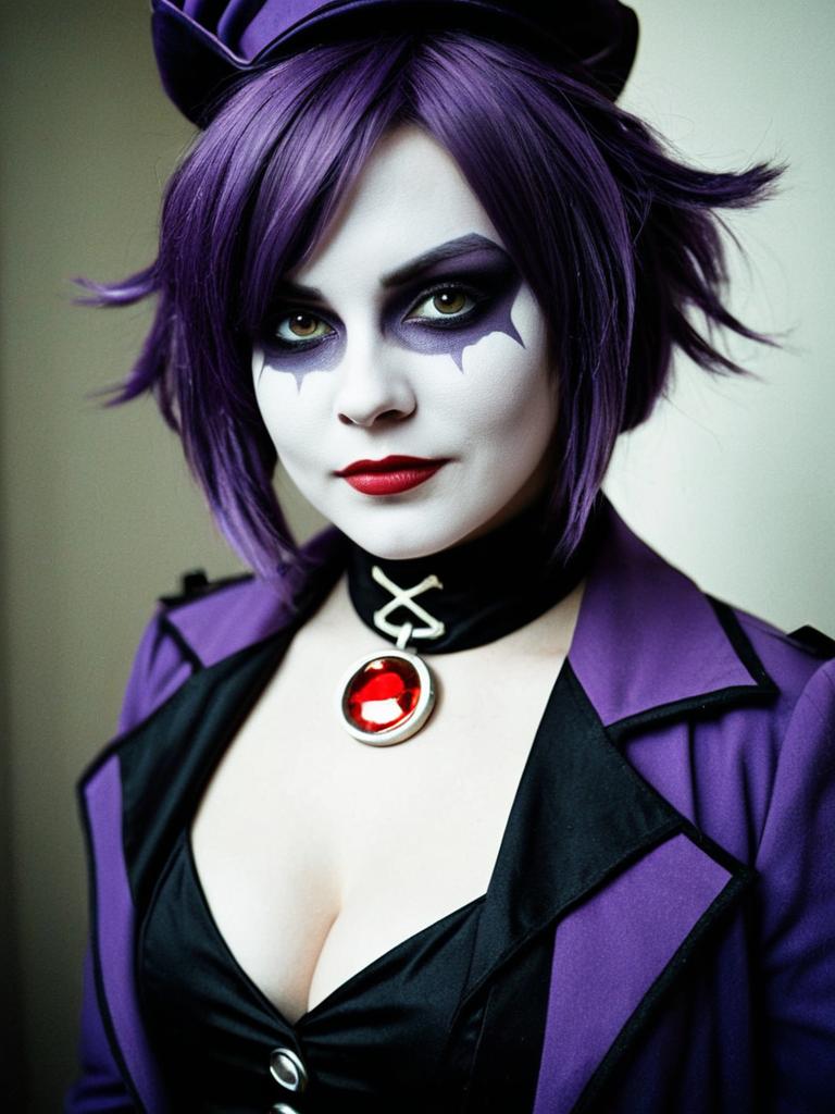 Facilier Female Cosplay Close-Up with Purple Hair and Dramatic Makeup