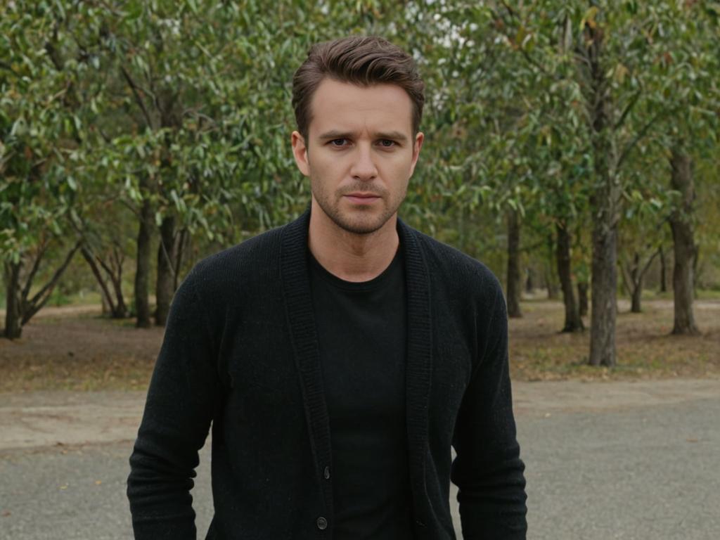 Thoughtful man in a black cardigan among trees