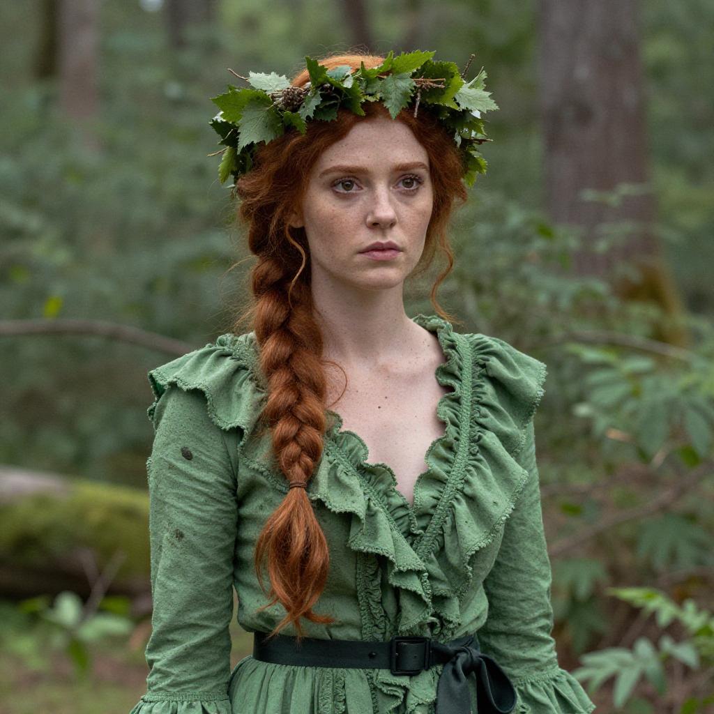 Red Haired Woman in Green Vintage Dress with Leaf Crown in Forest