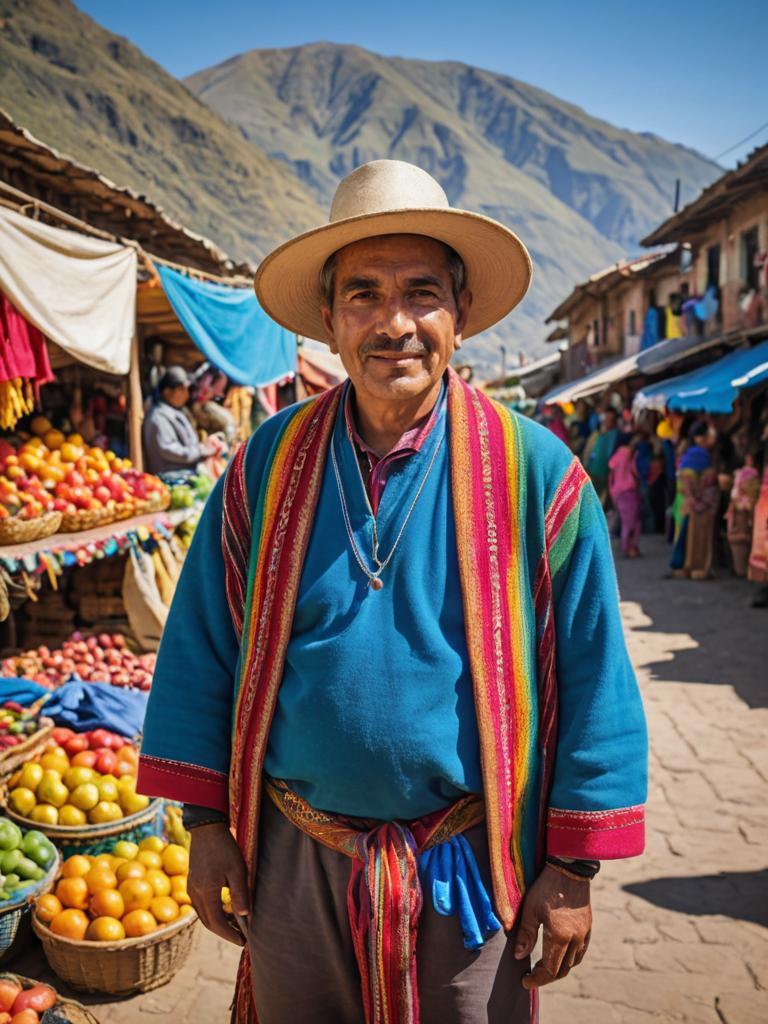 Peruvian Man in Traditional Attire at Vibrant Market