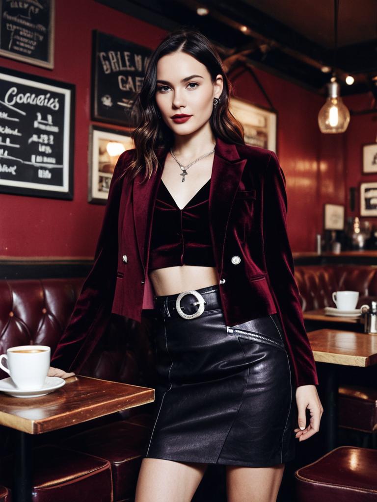 Stylish Woman in Burgundy Velvet Blazer and Leather Skirt in Café