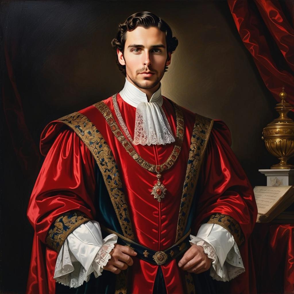 Regal Young Man in Elaborate Renaissance Red Robe Portrait