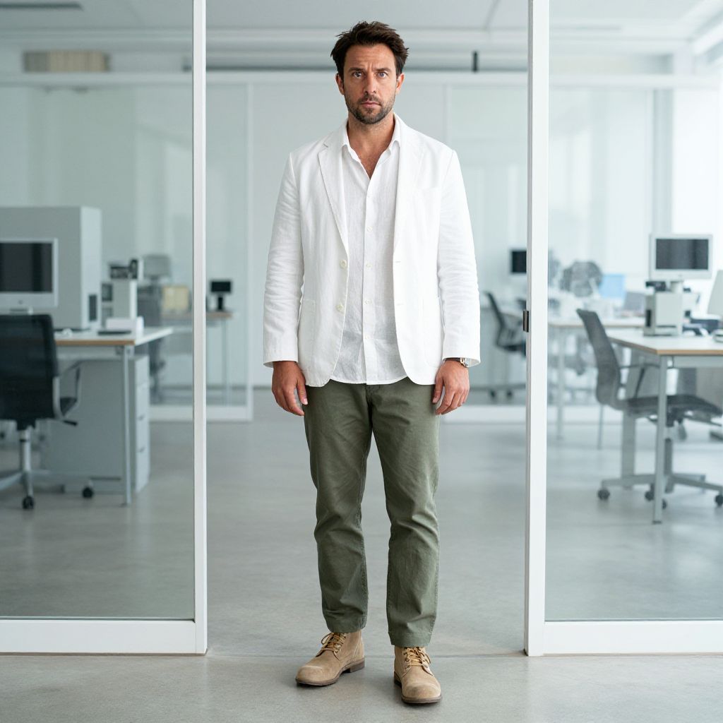 Casual Business Man in Modern Office with White Blazer and Olive Pants