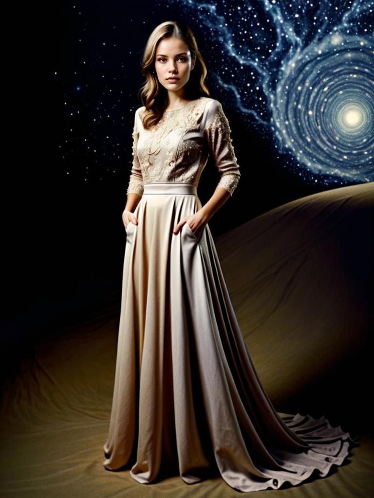 Young Woman in Beige Gown Against Cosmic Background