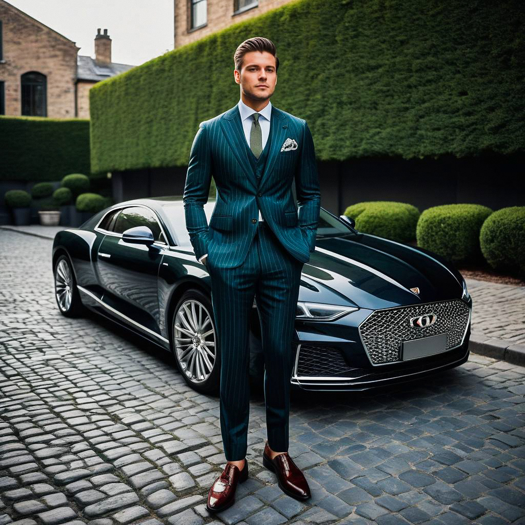 Confident Man in Pinstripe Suit by Luxury Sports Car