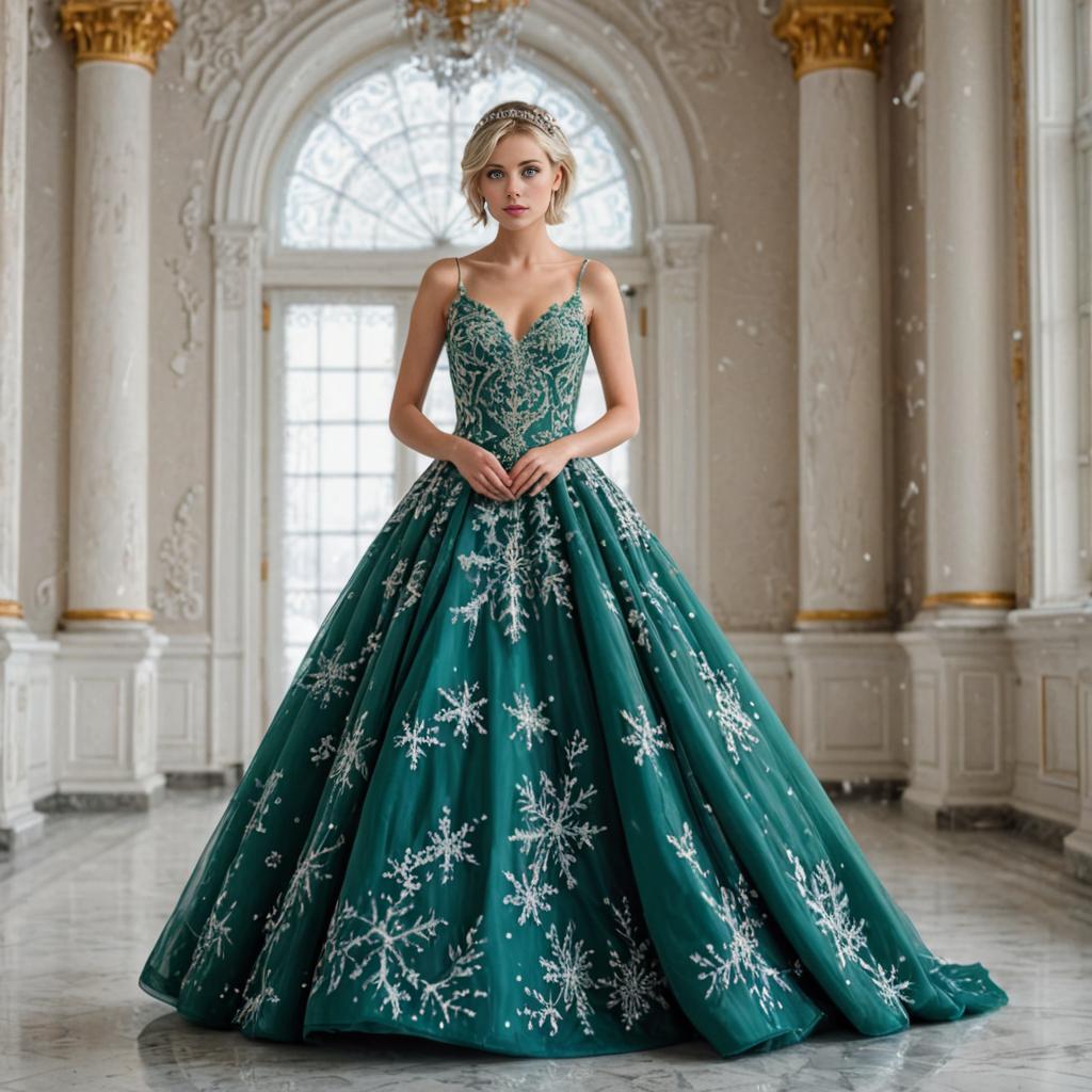 Elegant Woman in Green Ball Gown in Opulent Room