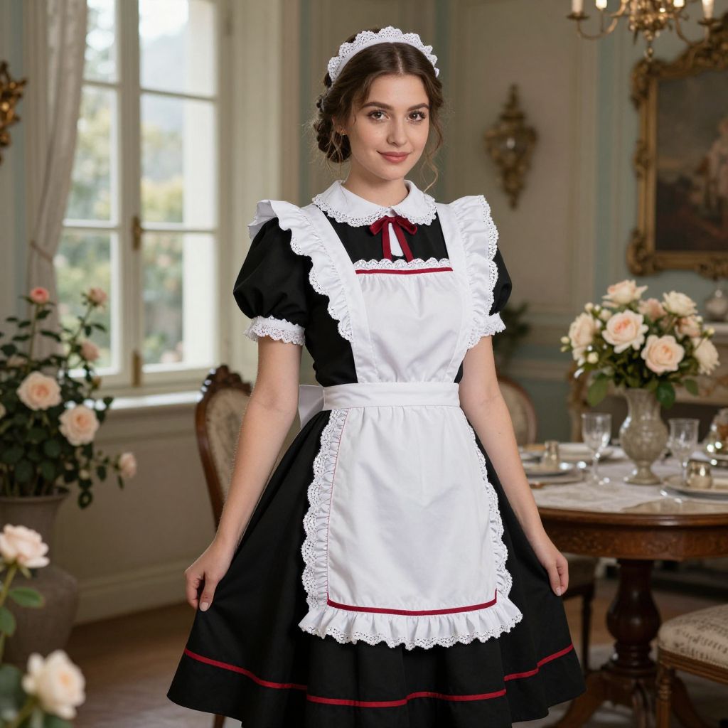 Victorian Style Maid in Classic Uniform in Vintage Dining Room