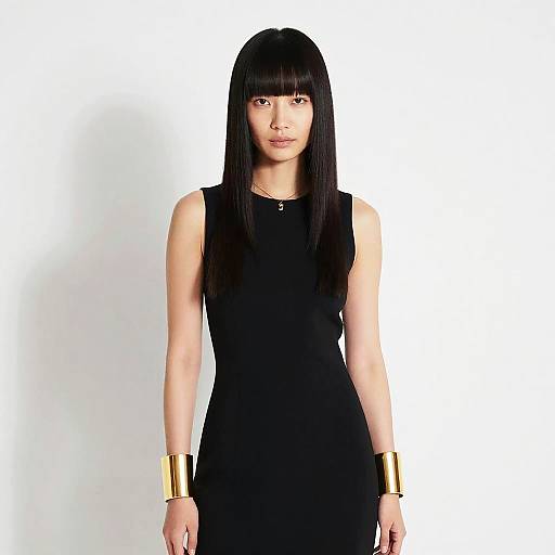Modern Woman in Sleek Black Dress with Gold Cuffs