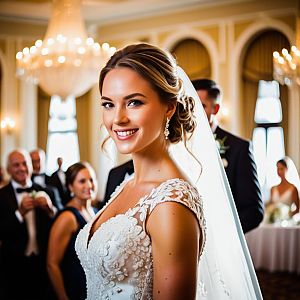 Radiant Bride in Elegant Lace Gown at Wedding Reception