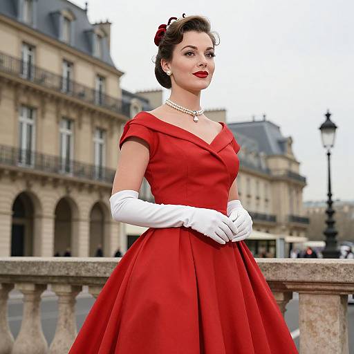 Vintage 1950s Woman in Red Dress with Pearl Necklace in Paris