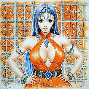 Confident Woman in Orange Dress with Blue Hair
