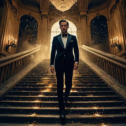 Man in Black Tuxedo Descending Grand Staircase with Golden Sparkles in Vintage Mansion