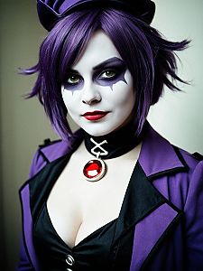 Facilier Female Cosplay Close-Up with Purple Hair and Dramatic Makeup
