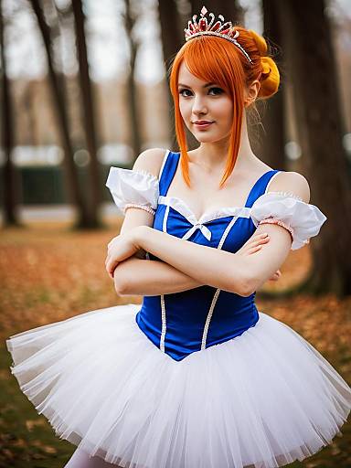 Princess Tutu Inspired Woman in Blue and White Ballet Tutu with Tiara