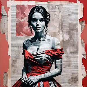 Artistic Portrait of Woman in Red Gown with Newspaper Texture