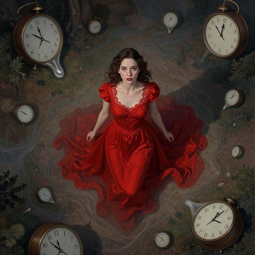 Surreal Woman in Red Dress Among Melting Clocks