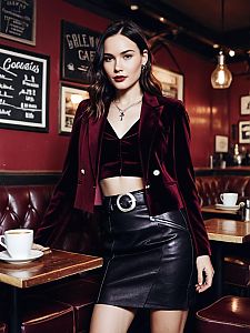 Stylish Woman in Burgundy Velvet Blazer and Leather Skirt in Café