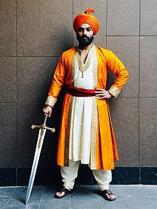 Man in Shivaji Maharaj Fancy Dress Costume with Sword Full Body Cosplay