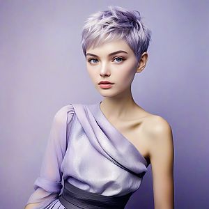 Stylish young woman with lavender hair in elegant one-shoulder garment