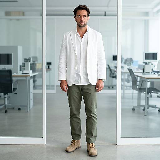 Casual Business Man in Modern Office with White Blazer and Olive Pants