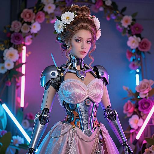 Futuristic Female Robot in Victorian Dress with Neon Floral Background